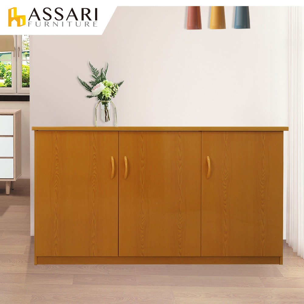 ASSARI-防潮防蛀塑鋼緩衝三門碗盤櫃(寬125x深43x81cm)雪松