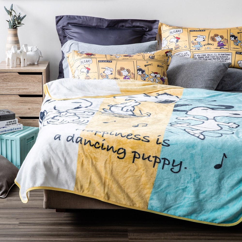 Hola 史努比snoopy 系列印花法蘭絨毯束口袋組跳舞款 被胎丨毯子 特力家購物網