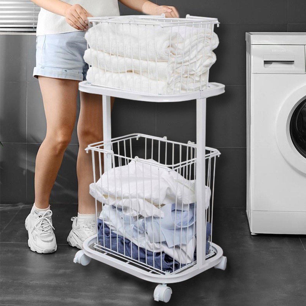 C&B》日式輕奢可移動家用雙層洗衣籃車/髒衣籃推車/衣物洗衣架/台灣製白色｜家用清潔｜特力屋．特力屋線上購物