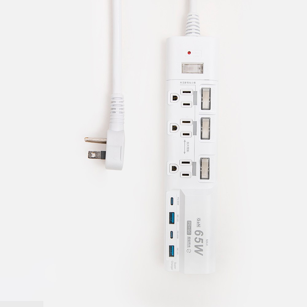 特力屋 3P高溫斷電 4開3插 +USB PD65W充電座延長線 1.8m