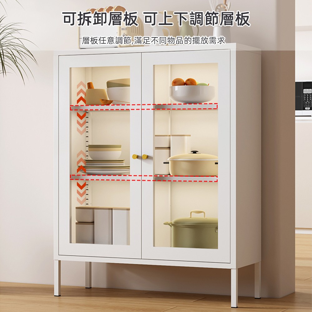 【慢慢家居】北歐簡約多功能廚房置物櫃櫥櫃餐櫃 (雙門款)(餐櫃 餐櫥櫃 廚房置物櫃 置物櫃 玻璃櫃)鐵藝餐櫃-鐵門100長(白)