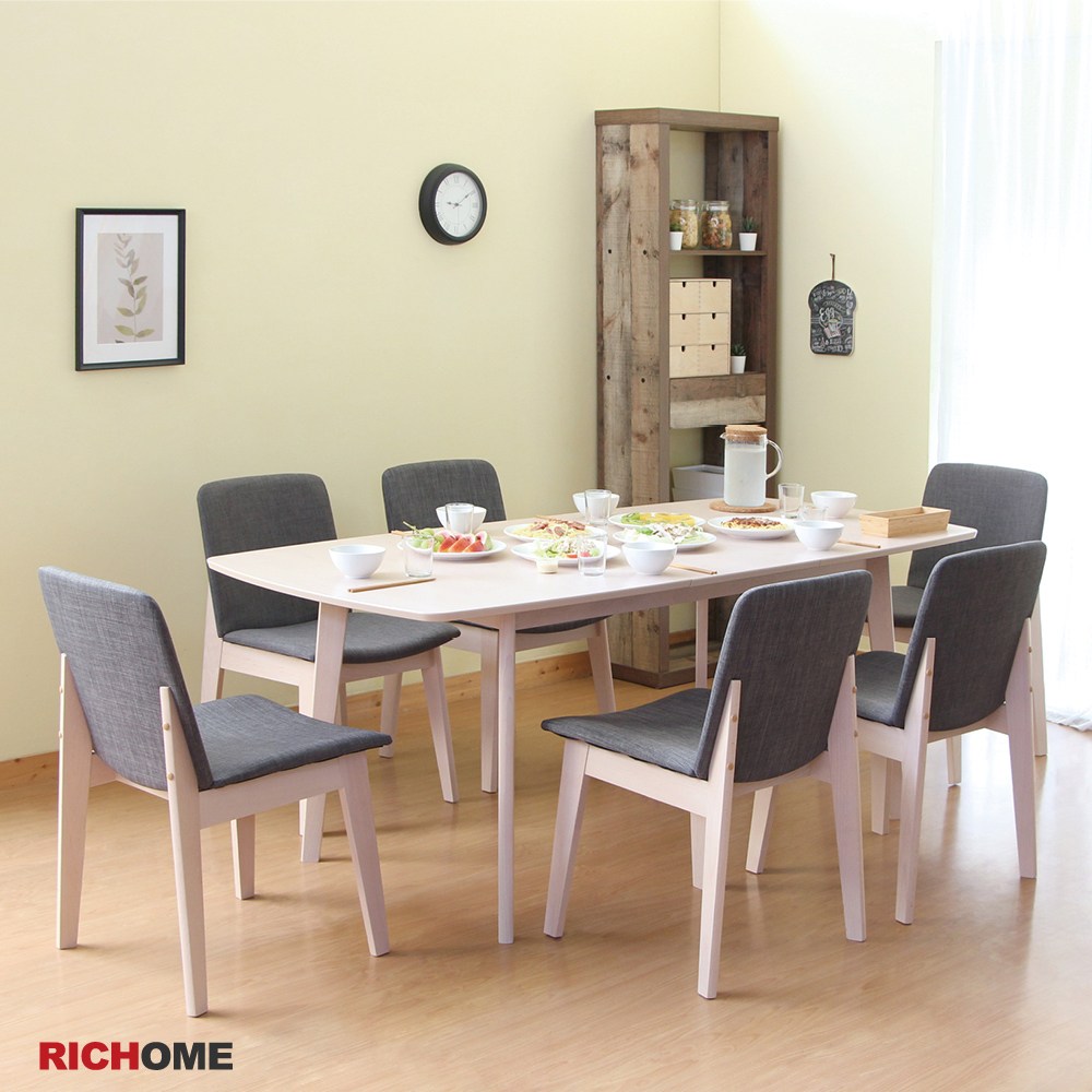 【RICHOME】愛瑪北歐風餐桌椅組(一桌六椅)白橡木色