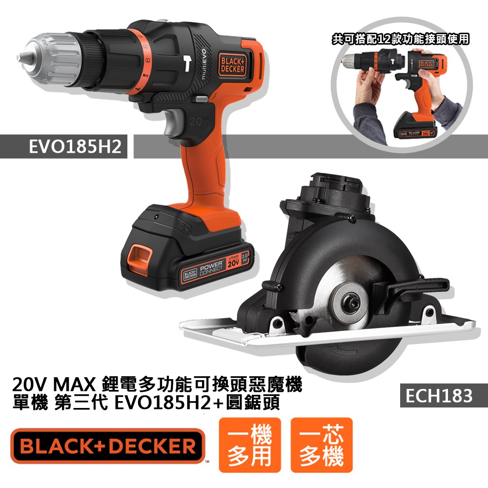 (組合) BLACK+DECKER 20V MAX單鋰電第三代可換頭惡魔機+圓鋸頭