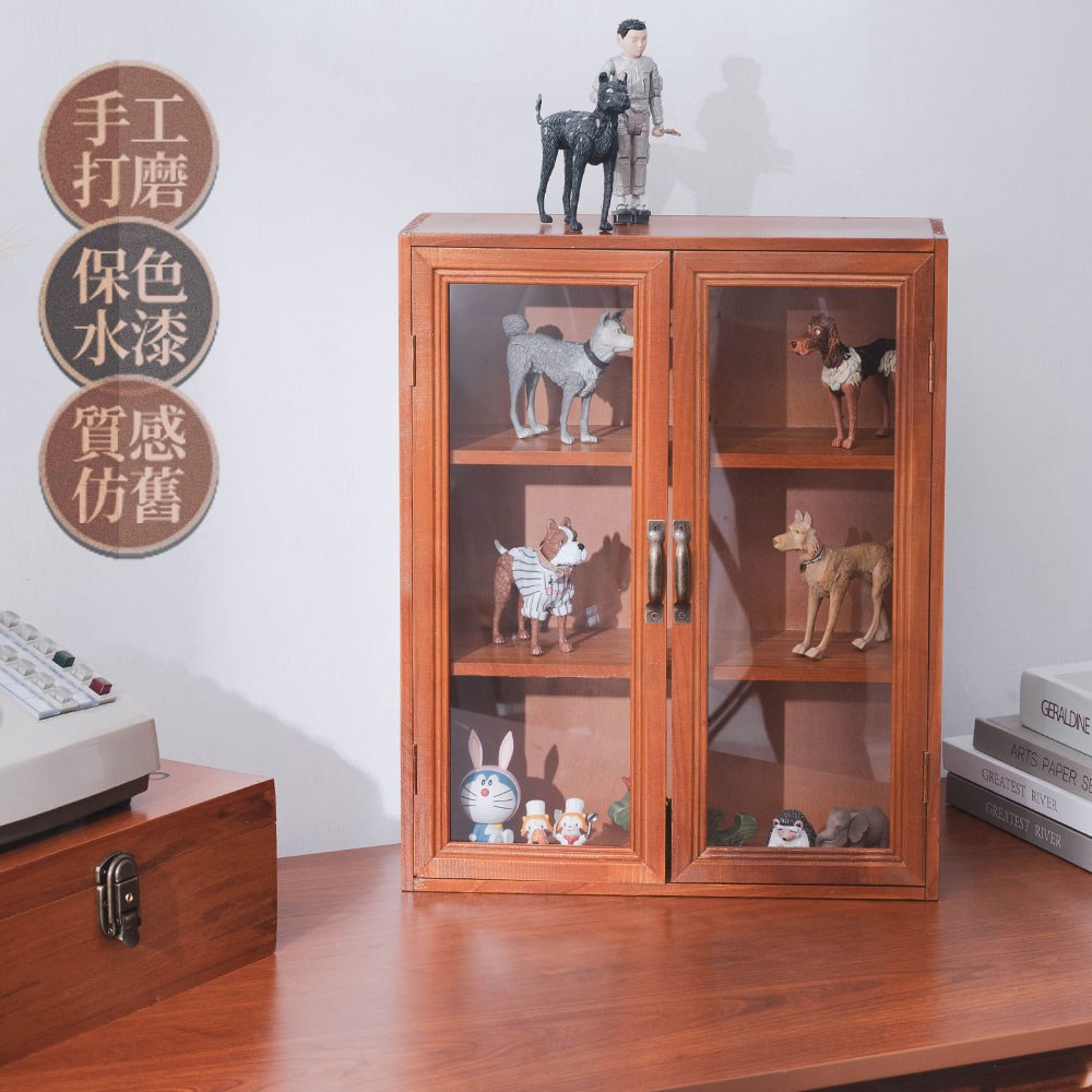 樂嫚妮 復古實木收納櫃/雙開門三層/公仔扭蛋展示三層