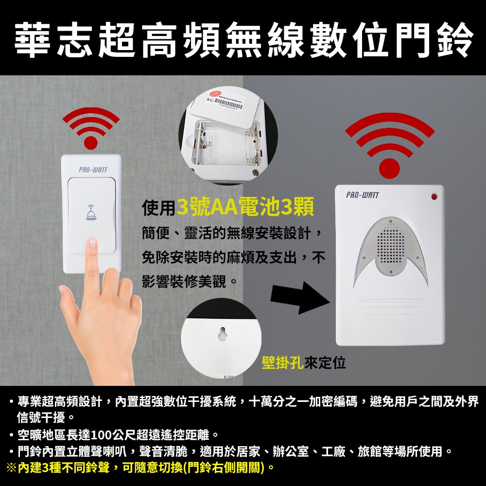 華志PRO-WATT】P-708 超高頻1對1 無線數位門鈴(電池式居家照護/鈴聲呼叫)｜五金工具｜特力屋．特力屋線上購物