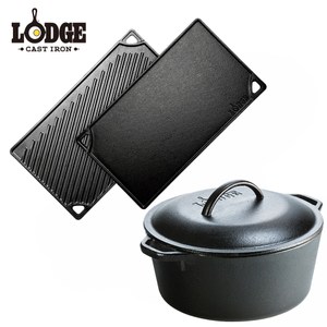 【Lodge】鑄鐵荷蘭鍋5Q/4.7公升+雙面牛排煎盤42.5*24cm
