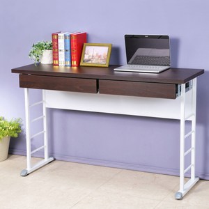 Homelike 查理120x40工作桌-加厚桌面(附二抽屜)胡桃色桌面/白色腳