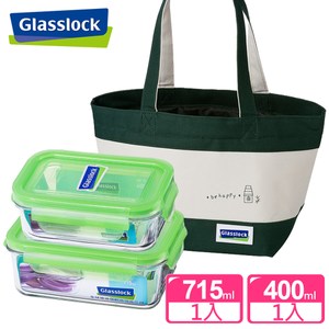 【Glasslock】強化玻璃微波保鮮盒-綠色便當袋-3件組