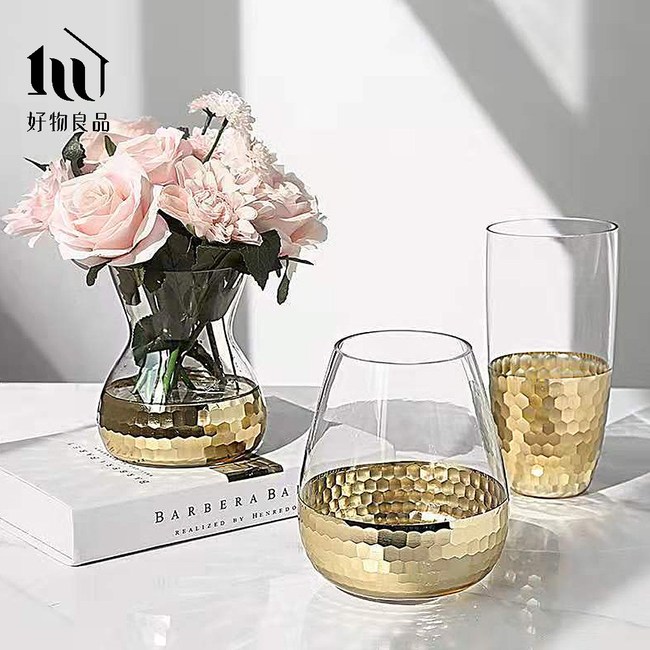 好物良品 矮款 簡約輕奢水晶玻璃金箔鑲色雙色花瓶花藝花器插花裝飾品桌面擺飾 金色 園藝造景 特力 購物網