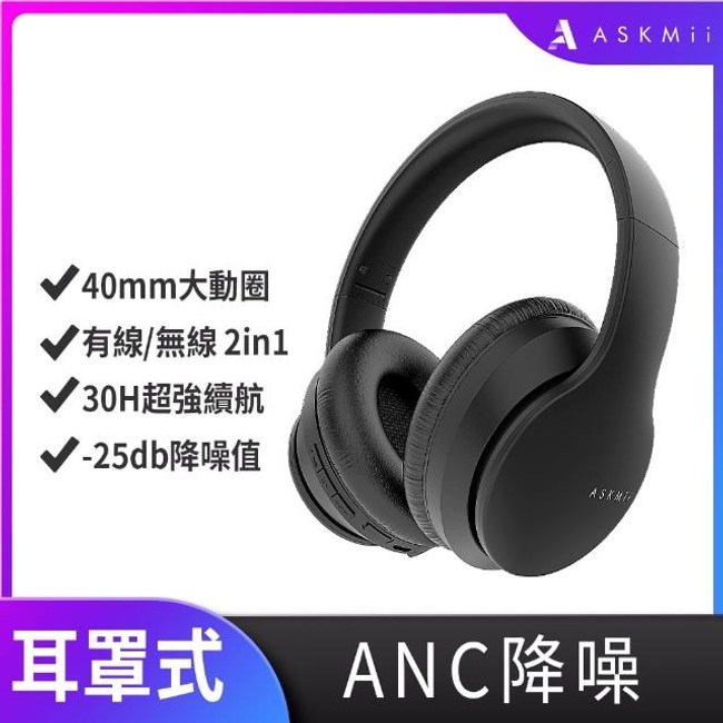 【ASKMii 艾斯迷】ANC主動降噪耳罩式藍牙耳機GH-1(低延遲/