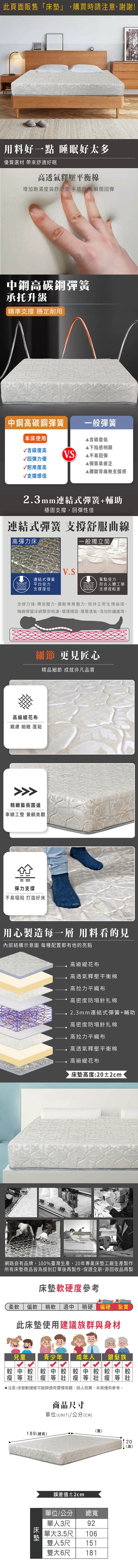 安心沉靜溫暖夢鄉守護優雅人生用料好一點 睡眠好太多優質選材 帶來舒適好眠高透氣釋壓平衡棉增加飽滿度與舒適度 手感舒適 瞬間回彈中鋼高碳鋼彈簧承托升級精準支撐 穩定耐用中鋼高碳鋼彈簧一般彈簧本床使用含碳度低▲下陷感明顯含碳度高V.S▲不易回彈√回彈力優▲彈簧易疲乏√耐用度高▲腰酸背痛無支撐感√支撐感佳2.3mm連結式彈簧+輔助穩固支撐回彈性佳連結式彈簧 支撐舒服曲線高彈力床-般獨立筒,V.S連結式彈簧單點受力平均受力符合人體工學支撐度佳支撐度較差支撐力強、釋放壓力,擴散脊椎壓力,保持正常生理曲度。精緻彈簧床網緊密相連,環環穩固、環環透氣,添加防鏽處理。細節 更匠心精品細節 成就非凡品質高級花布親膚 細緻 蓬鬆精緻藝術圍邊車線工整 兼顧美觀彈力支撐不易塌陷 打造好床用心製造每一層 用料看的見內部結構示意圖 每種配置都有他的亮點高級花布高透氣釋壓平衡棉高拉力平織布高密度防塌針扎棉2.3mm連結式彈簧+輔助高密度防塌針扎棉高拉力平織布高透氣釋壓平衡棉高級緹花布高度:20±2cm網路自有品牌,100%臺灣生產,20年專業床墊工廠生產製作所有床墊商品皆為接到訂單後再製作,保證全新,非回收品再製床墊軟硬度參考柔軟 偏軟 稍軟適中 稍硬 偏硬 紮實此床墊使用建議族群與身材兒童青少年 成年人 銀髮族較中較較中較 較中較較中較瘦等壯瘦等壯瘦等壯瘦等壯注意:床墊軟硬感可能與使用習慣有關,因人而異,本表僅供參考。商品尺寸單位(UNIT)/公分(CM)189(總長)床墊(寬)誤差值±2cm單位/公分 總寬單92人3尺單大3.5尺 106雙人5尺 151雙大6尺18120(高)