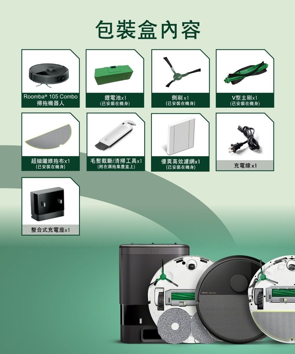 包裝盒內容a ® 105 Combo掃拖機器人鋰電池側刷x1型主刷x1(已安裝在機身)(已安裝在機身)(已安裝在機身)超細纖維拖布x1毛髮截斷/清掃工具x1優異高效濾網x1(已安裝在機身)(附在濕拖集塵盒上)(已安裝在機身)充電線x1整合式充電座x1 Roomb