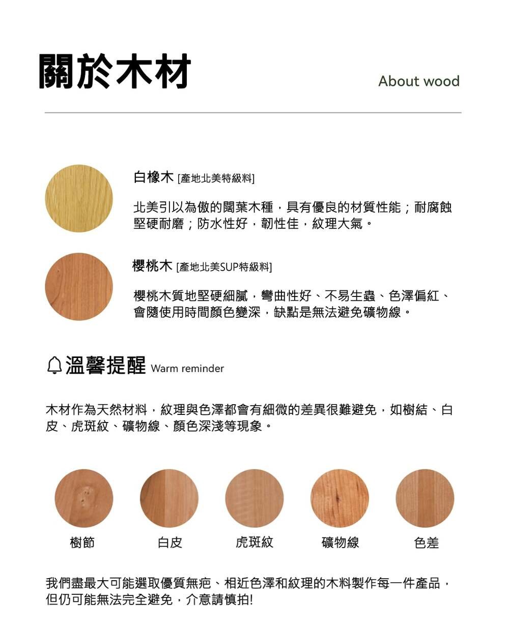 關於木材About wood白橡木[產地北美特級料]北美引以為傲的闊葉木種具有優良的材質性能;耐腐蝕堅硬耐磨;防水性好,韌性佳,紋理大氣。櫻桃木[產地北美SUP特級料]櫻桃木質地堅硬細膩,彎曲性好、不易生蟲、色澤偏紅、會隨使用時間顏色變深,缺點是無法避免礦物線。溫馨提醒 Warm reminder木材作為天然材料,紋理與色澤都會有細微的差異很難避免,如樹結、白皮、虎斑紋、礦物線、顏色深淺等現象。樹節白皮虎斑紋礦物線色差我們盡最大可能選取優質無疤、相近色澤和紋理的木料製作每一件產品,但仍可能無法完全避免,介意請慎拍!