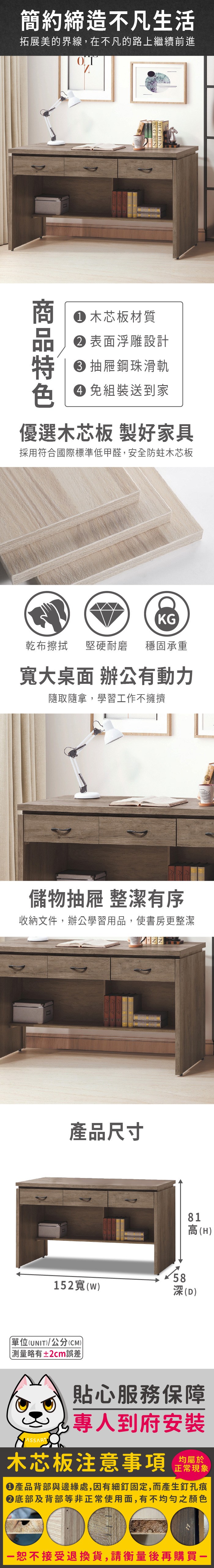 簡約締造不凡生活拓展美的界線,在不凡的路上繼續前進BLG BENBLG BEN 木芯板材質 表面浮雕設計 抽屜鋼珠滑軌 免組裝送到家優選木芯板 製好家具採用符合國際標準低甲醛,安全防蛀木芯板KG乾布擦拭堅硬耐磨 穩固承重大桌面 辦公有動力隨取隨拿,學習工作不擁擠儲物抽屜 整潔有序收納文件,辦公學習用品,使書房更整潔產品尺寸81高(H)58152寬(w)深(D)單位(UNIT)/公分(CM)測量略有±2cm誤差貼心服務保障專人到府安裝木芯板注意事項正常現象產品背部與邊緣處,因有細釘固定,而產生釘孔痕底部及背部等非正常使用面,有不均勻之顏色恕不接受退換貨,請衡量後再購買