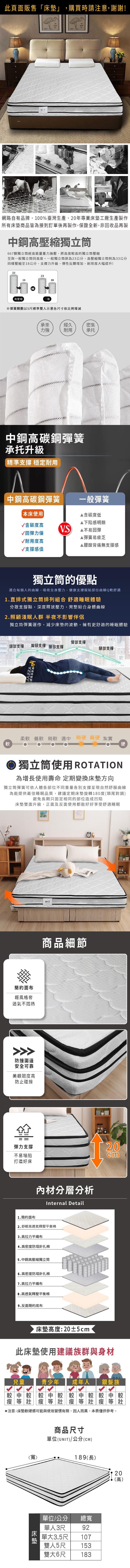 享受舒適睡眠立體花布獨立筒獨家升級四線款疲勞的好好放鬆優雅精緻的線條,讓你不只享受舒適睡眠更有自然服貼的裸睡感立體花布獨立筒彈簧可依人體各部位不同重量各別支撐為能提供最佳睡眠品質,建議定期床墊旋轉180度頭尾對調)避免長期只固定相同的部位造成凹陷此床墊雙面升級,正面及反面使用都能好好享受舒適睡眠適合人身體曲線 線徑直排式獨立筒排列組合(支撐點,深度釋放壓力完整貼合身體曲線獨立筒與連結式彈簧比獨立筒連結式彈簧獨立筒符合人體的曲線因為是個別獨立的單體所以不易被其他的彈簧所牽引若是雙人同睡即使一人翻身另一人也不易 受影響床墊的支撐力強無彈性硬度也高連結式彈簧互相牽引導致翻身時容易影響到身旁的人所以較不適合淺眠的人使用安心看得見讓你每個立體花布支撐棉抗菌聚酯棉 中密度泡棉 2.3mm線徑袋裝獨立筒高密度泡棉防繡不織布 絲光棉 長纖針軋棉立體花布床墊軟硬度參考柔軟偏軟稍軟 適中 稍硬偏硬 紮實此床墊使用建議族群與身材較兒童較較青少年成年人 銀髮族較中較較 中等壯瘦等壯瘦等壯注意:床墊軟硬感可能與使用習慣有關,因人而異,本僅供參考。產品偏硬()適中 偏軟尺寸表長(L)【高(H)單位/公分(CM) 長(L) 寬() 高(H)單人3尺18892單大3.5尺188 107 20雙人5尺188 152雙大6尺 188 1822020