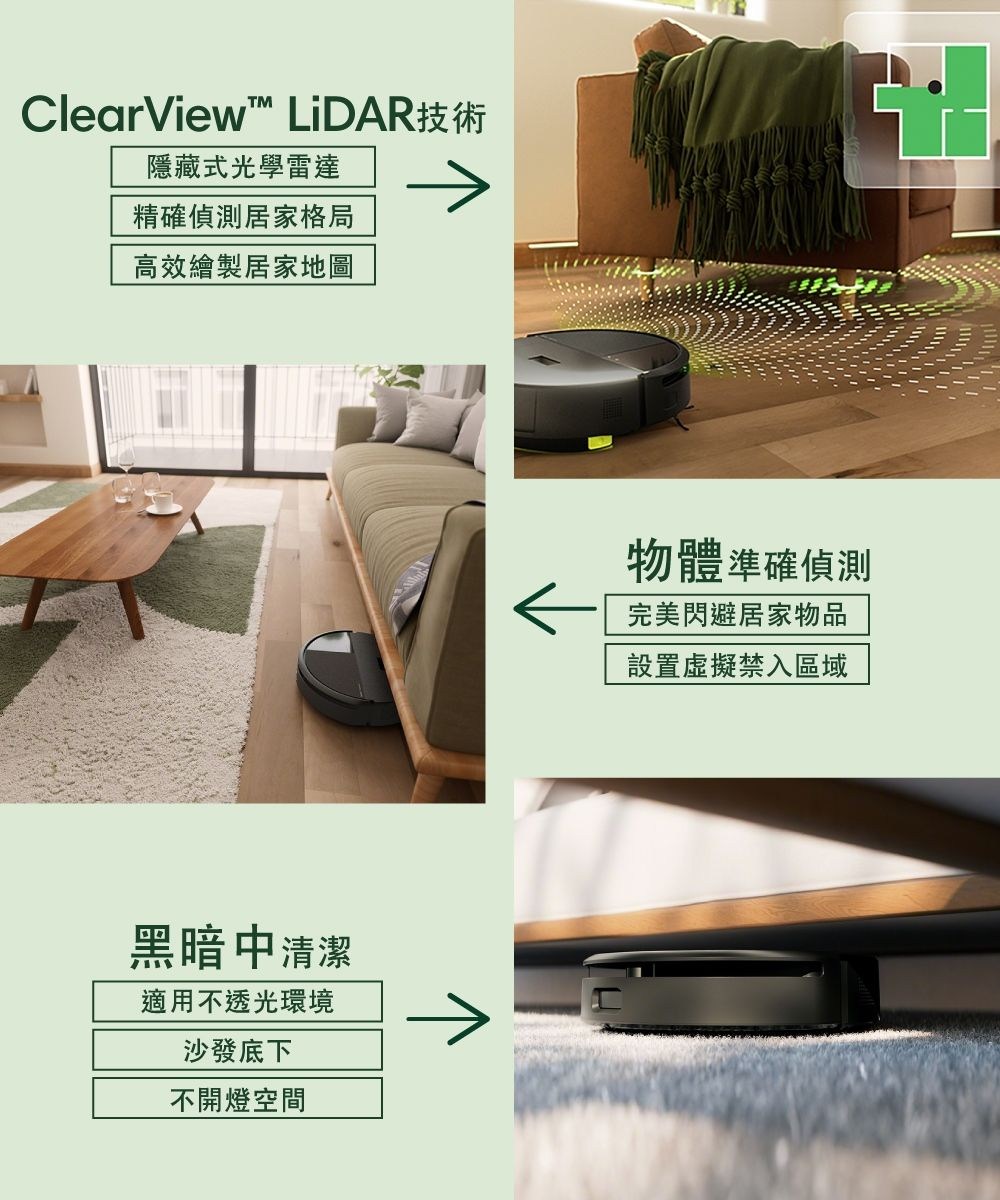 ClearView LiDAR技術隱藏式光學雷達精確偵測居家格局高效繪製居家地圖黑暗中清潔適用不透光環境沙發底下不開燈空間物體準確偵測完美閃避居家物品設置虛擬禁入區域