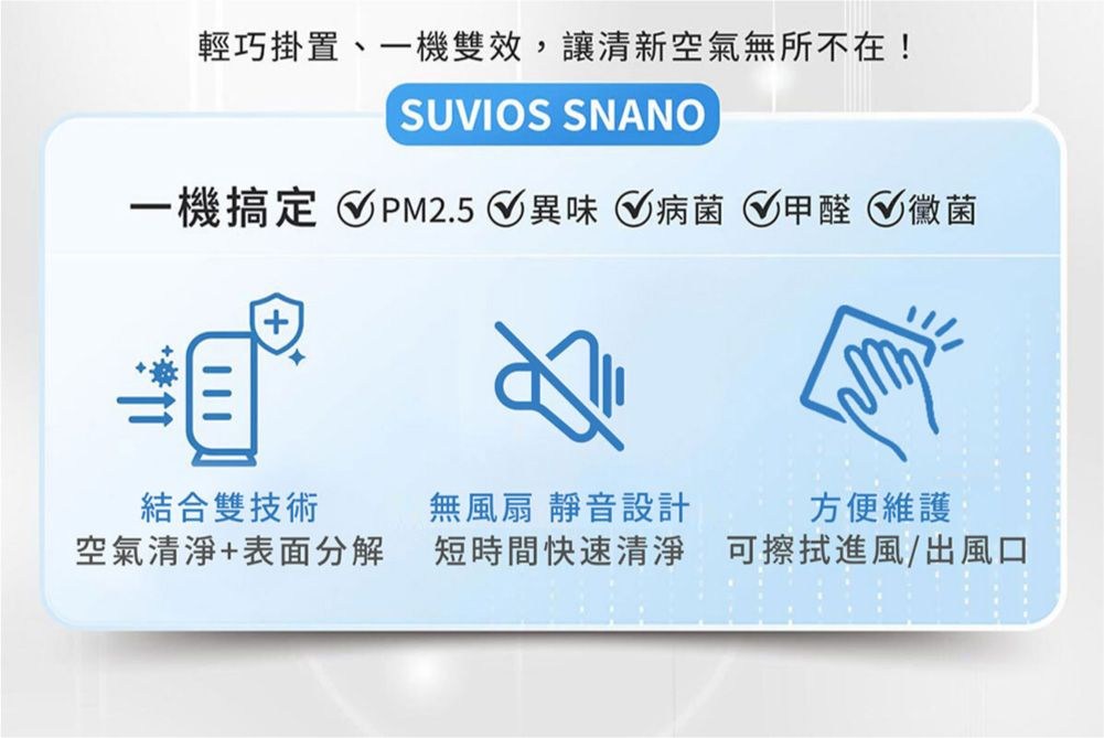 輕巧掛置、一機雙效,讓清新空氣無所不在!SUVIOS SNANO一機搞定 PM2.5 異味病菌甲醛黴菌結合雙技術無風扇 靜音設計方便維護空氣清淨+表面分解短時間快速清淨 可擦拭進風/出風口