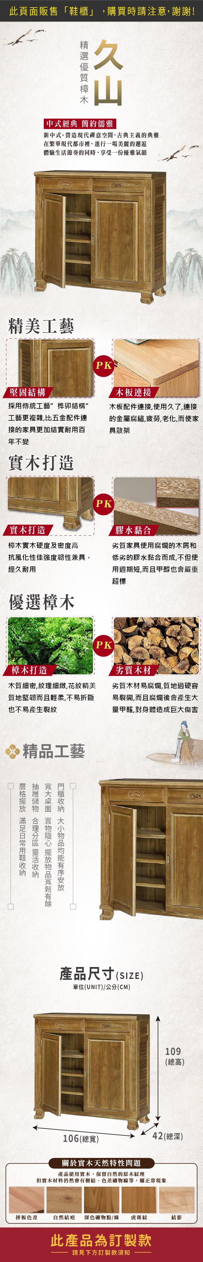 此頁面販售櫃」,購買時請注意,謝謝!中式經典 簡約儒雅新中式。營造現代禪意空間,古典主義的典雅在繁華現代都市裡,進行一場美麗的邂逅體驗生活節奏的同時,享受一份優雅氣韻精美工藝堅固結構採傳統工藝榫卯結構”工藝更複雜,比五金配件連接的家具更加結實耐用百年不變實木打造實木打造PK「連接木板配件連接,使用久了,連接的金屬腐鏽,疲勞,老化,而使家具散架PK膠水黏合樟木實木硬度及密度高抗風化性佳強度韌性兼具,經久耐用劣質家具使用腐爛的木屑和低劣的膠水黏合而成,不但使用週期短,而且甲醇也會嚴重超標優選樟木樟木打造木質細密,紋理細緻,花紋精美質地堅韌而且輕柔,不易折斷也不易產生裂紋精品工藝 用鞋 大小物品均能有序安放PK劣質木材劣質木材易腐爛,質地過硬容易裂開,而且腐爛後會產生大量甲醛,對身體造成巨大傷害產品尺寸(SIZE)單位(UNIT)公分(CM)109(總高)106(總寬)關於實木天然特性問題42(總深)產品使用實木,保留自然的原木紋理但實木材料仍然會有樹結、色差礦物線等,屬正常現象拼板色差自然結疤 深色礦物點/條 虎斑紋結影此產品為訂製款請見下方訂製款須知