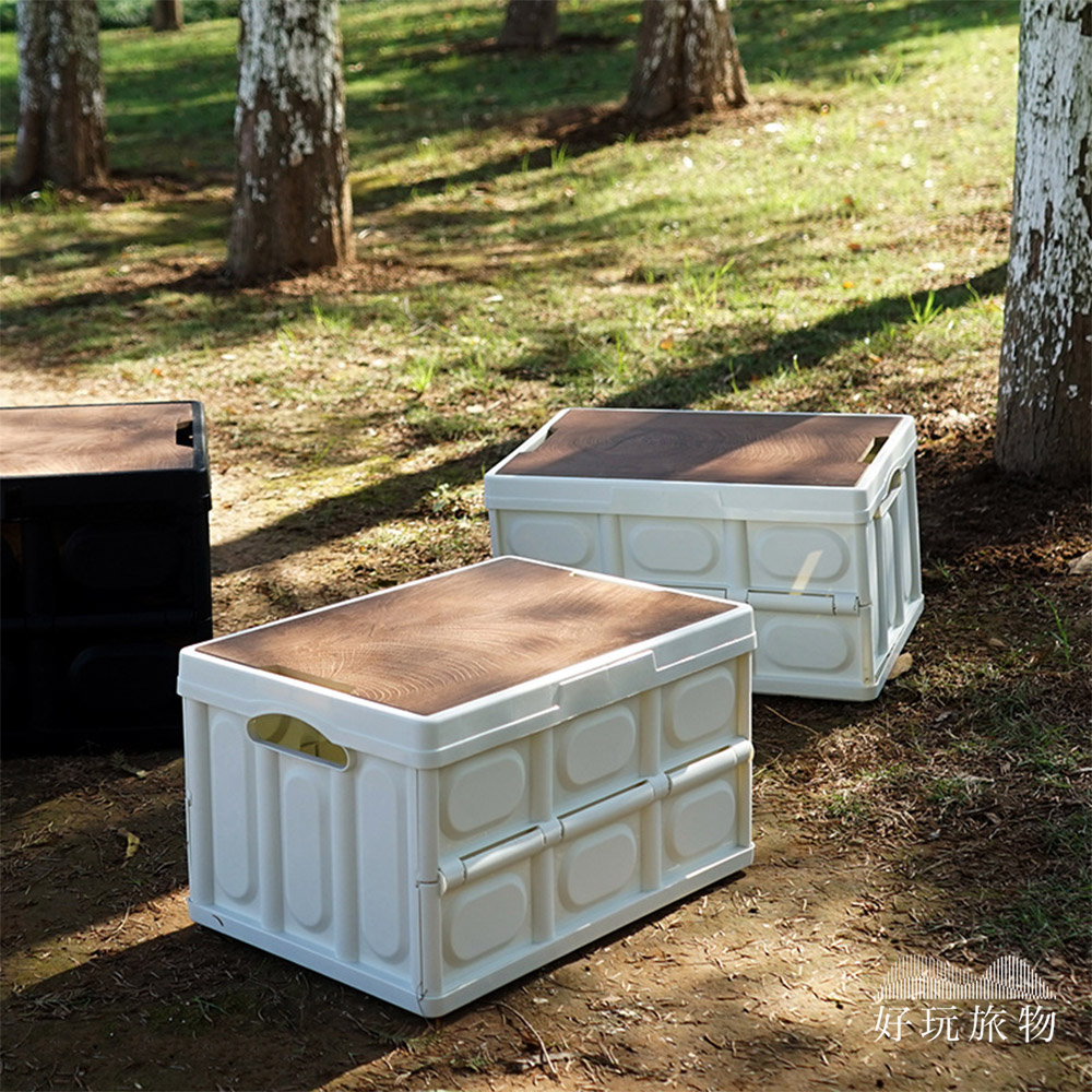 [特價]【好玩旅物】2入小款_戶外露營木桌板儲物折疊收納箱 居家車用摺疊整理箱 折疊桌 衣物箱 露營箱 裝備箱-白色