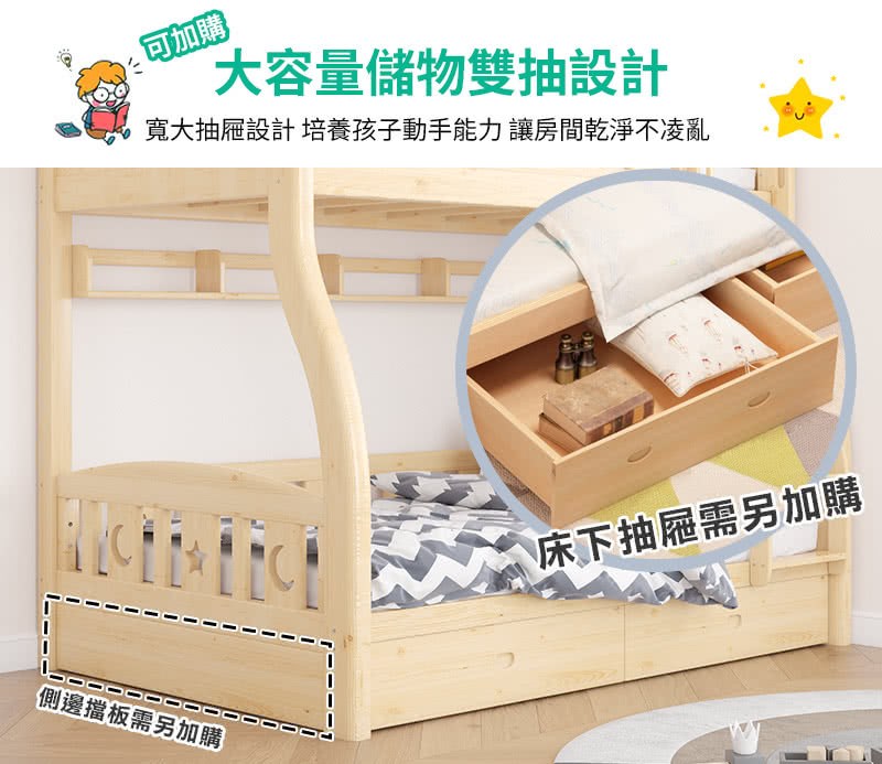 可加購 大容量儲物雙抽設計 寬大抽屜設計 培養孩子動手能力讓房間乾淨不凌亂 側邊擋板需另加購 床下抽屜需另加購 