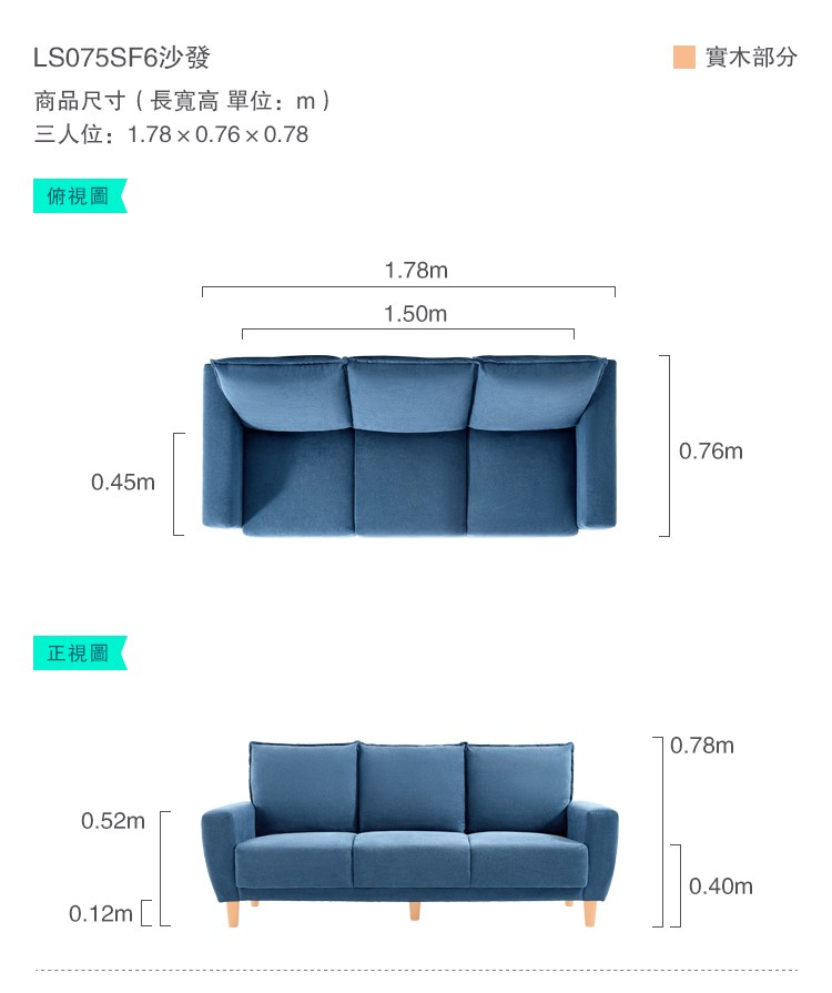 LS075SF6沙發商品尺寸(長寬高 單位:m)三人位:1.78x0.760.78實木部分俯視圖0.45m正視圖0.52m0.12m [1.78m1.50m0.76m70.78m0.40m