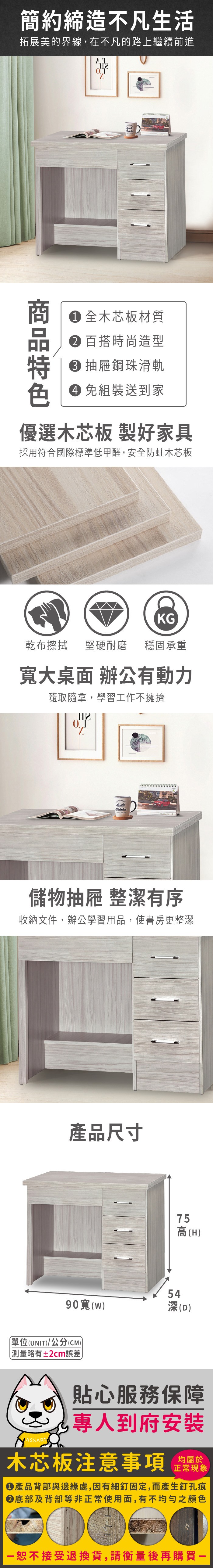 簡約締造不凡生活拓展美的界線,在不凡的路上繼續前進色 全木芯板材質 百搭時尚造型 抽屜鋼珠滑軌免組裝送到家優選木芯板 製好家具採用符合國際標準低甲醛,安全防蛀木芯板KG乾布擦拭堅硬耐磨 穩固承重大桌面 辦公有動力隨取隨拿,學習工作不擁擠Quelle儲物抽屜 整潔有序收納文件,辦公學習用品,使書房更整潔產品尺寸75高(H)5490寬()深(D)單位(UNIT)/公分(CM)略有±2cm誤差貼心服務保障專人到府安裝木芯板注意事項正常現象產品背部與邊緣處,因有細釘固定,而產生釘孔痕底部及背部等非正常使用面,有不均勻之顏色恕不接受退換貨,請衡量後再購買