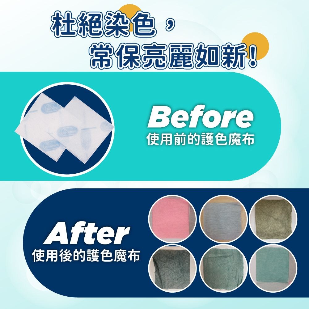 杜絕染色,常保亮麗如新!Before使用前的護色魔布After使用後的護色魔布