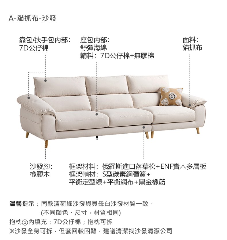 A-貓抓布-沙發靠包/扶手包内部 座包内部:7D公仔棉舒彈海綿面料:貓抓布輔料:7D公仔棉+無膠棉沙發腳:框架材料:俄羅斯進口落葉松+ENF實木多層板橡膠木框架輔材:S型碳素鋼彈簧+平衡定型線+平衡網布+黑金橡筋溫馨提示:同款清荷綠沙發與貝母白沙發材質一致。(不同顏色、尺寸,材質相同)抱枕填充:7D公仔棉;抱枕可拆※沙發全身可拆,但套回較困難,建議清潔找沙發清潔公司
