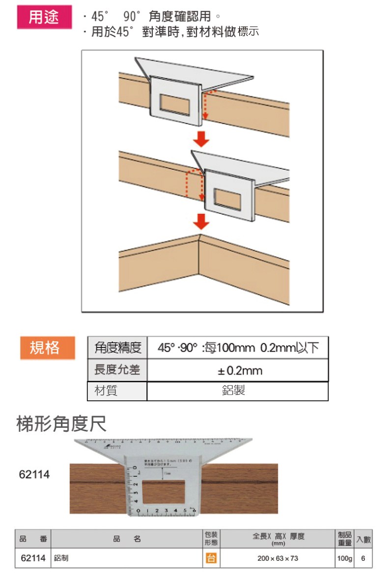 日本鶴龜 SHINWA 台形止型定規尺直角尺劃線規角尺62114｜作業