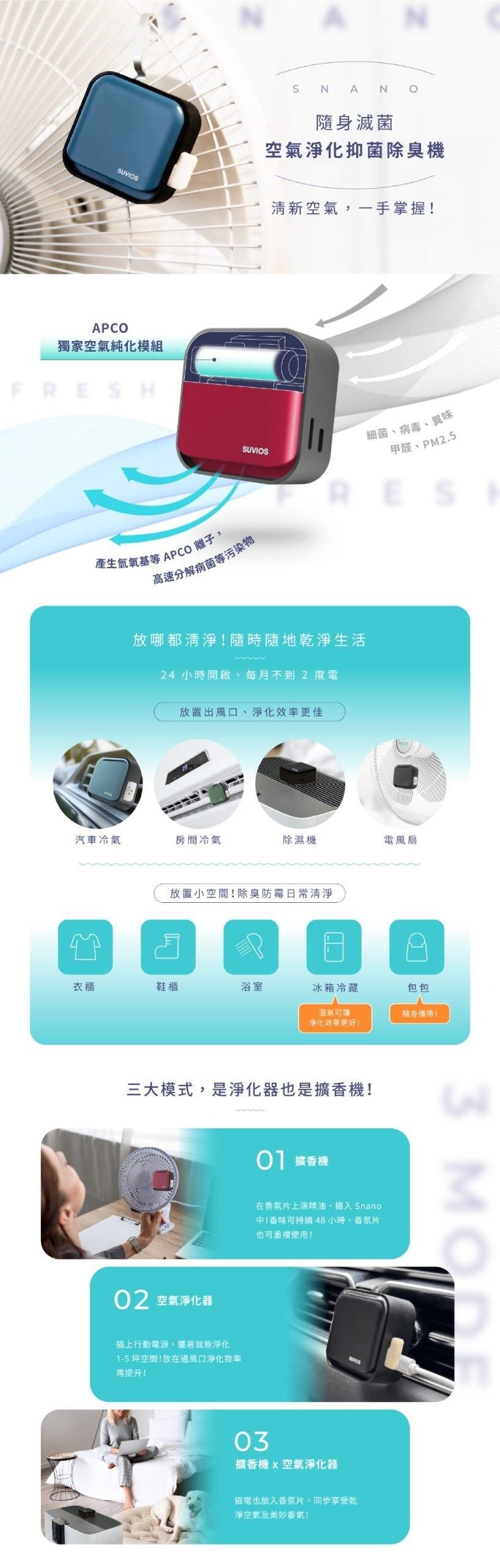 NSNANO滅菌空氣淨化抑菌除臭機SUVIOS清新空氣,一手掌握!APCO獨家空氣純化模組FRESH產生氫氧基等APCO 離子,SUVIOS高速分解病菌等污染物R細菌、病毒、異味甲醛、PM2.5放哪都清淨!隨時隨地乾淨生活24小時開啟、每月不到2 度電放置出風口、淨化效率更佳汽車冷氣房間冷氣除濕機電風扇放置小空間!除臭防霉日常清淨衣櫃鞋櫃浴室冰箱冷藏包包淨化效果更好!隨身攜帶!三大模式,是淨化器也是擴香機!02 空氣淨化器插上行動電源,擺著就能淨化1-5 坪空間!放在通風口淨化效率再提升! 擴香機在片上滴精油、插入 Snano中!香味可持續48小時,香氛片也可使用!03擴香機 空氣淨化器插電也放入香氛片,同步享受乾淨空氣及美妙香氣!