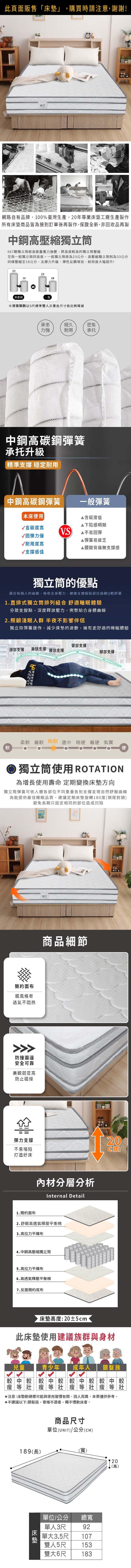 網路自有品牌100%臺灣生產,年專業工廠生產製作所有床墊商品皆為接到訂單後再製作,保證全新,非回收品再製中鋼高壓縮獨立667獨立筒經高能量重力施壓,將高度較高的獨立筒壓縮至與一般獨立筒同高度。一般獨立筒原為23公分,高壓縮獨立筒則為33公分同樣壓縮至18公分,支撐力升級,彈性反饋增加,耐用度大幅提升!33231818高壓縮一般※彈簧顆數以5尺標準雙人示意各尺寸依比例增減承重經久密集力強耐用承托中鋼高碳鋼彈簧承托升級「精準支撐 穩定耐用中鋼高碳鋼彈簧一般彈簧含碳度低本床使用下陷感明顯含碳度高V.S▲不易回彈√回彈力優▲彈簧易疲乏√耐用度高▲腰酸背痛無支撐感√支撐感佳獨立筒的優點適合每個人的曲線,吸收全身壓力,健康支撐服貼部位曲線Q軟舒適1.直排式獨立筒排列組合 舒適眠體驗分散支撐點,深度釋放壓力,完整貼合身體曲線2.照顧淺眠人群 半夜不影響伴侶獨立筒彈簧運作,減少床墊的波動,擁有更舒適的睡眠體驗臀部支撐頭部支撐肩頸支撐 腰部支撐腿部支撐,柔軟 偏軟 稍軟 適中 稍硬 偏硬 紮實軟硬 獨立筒使用 ROTATION為增長使用壽命 定期變換床墊方向獨立筒彈簧可依人體各部位不同重量各別支撐呈現自然舒服曲線為能提供最佳睡眠品質,建議定期床墊旋轉180度(頭尾對調)避免長期只固定相同的部位造成凹陷簡約面布輕風格奢透氣不悶熱防撞圍邊安全可靠美觀韌度高防止碰撞彈力支撐不易塌陷打造好床MIT商品細節材分層分析Internal Detail1.簡約布2.高透氣釋壓平衡棉3.高拉力平4.中鋼高壓縮獨立筒5.高拉力平織布6.聚脂舒柔棉7.高透氣釋壓平衡棉8.反面簡約底布2320cm床墊高度:23±2cm此床墊使用建議族群與身材兒童青少年成年人銀髮族較中較較中較較中較較中等壯等壯等壯瘦等壯注意:床墊軟硬感可能與使用習有關,因人而異,本表僅供參考。不建議以下:銀髮族、脊椎不適者、睡不慣軟床者。商品尺寸單位(UNIT)/公分(CM)189(長)(寬)23(高)床墊單位/公分總寬人3尺單大92單1073.5尺雙人5尺 153雙大6尺 183