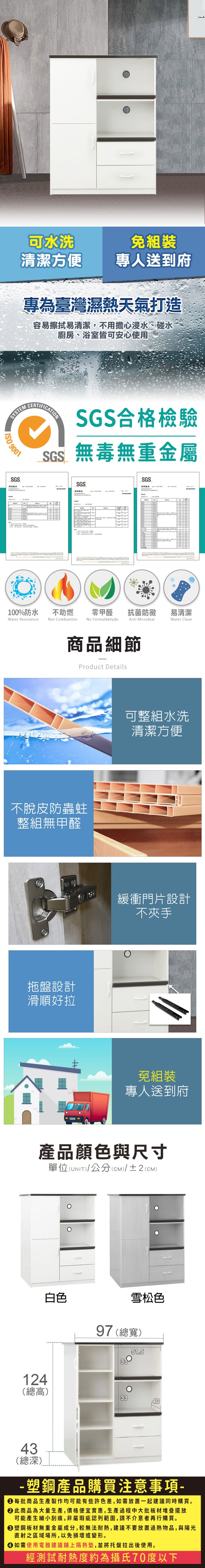 可水洗清潔方便專人送到府專為臺灣濕熱天氣打造容易擦拭易清潔,不用擔心浸水、碰水廚房、浴室皆可安心使用SYSEM 9001SGSCERTIFICATIONSGS合格檢驗SGS無毒無重金屬SGSSGS測試報告 T測試報告100%防水Water Resistance不助燃Not Combustion零甲醛抗菌防黴易清潔No FormaldehydeAnti MicrobialWater Clean商品細節Product Details不脫皮防蟲蛀整組無甲醛拖盤設計滑順好拉可整組水洗清潔方便緩衝門片設計不夾手免組裝專人送到府產品顏色與尺寸單位(UNIT)/公分(cm)/±2(CM)白色雪松色97 (總寬)3351.5124(總高)3343(總深)-塑鋼產品購買注意事項- 每批商品生產製作均可能有些許色差,如需放置一起建議同時購買。此商品為大量生產,價格便宜實惠,生產過程中大批板材堆疊擺放可能產生細小刮痕,非屬瑕疵認列範圍,請不介意者再行購買。塑鋼板材無重金屬成分,較無法耐熱,建議不要放置過熱物品,與陽光直射之區域場所,以免損壞或變形。 如需使用電器建議鋪上隔熱墊,並將托盤拉出後使用。經測試耐熱度約為攝氏70度以下