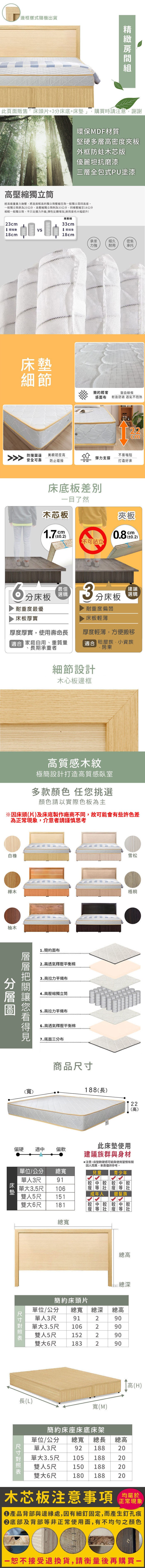 邊框樣式隨機出貨獨立環保MDF材質堅硬多層高密度夾板外框木芯版優麗坦抗磨漆三層全包式PU塗漆經高能量重力施壓,將高度高的獨立筒壓縮至與般獨立简同高度。一般獨立筒原為23公,高壓縮獨立筒則為33公分,同樣壓縮至18公分相一般獨立筒,不只支撐力升級,彈性反饋增加,耐用度也大幅提升!高壓縮23cm33cm壓縮後壓縮後18cm18cm細節承重經久密集力強耐用承托簡約輕奢銀白線條感面布 輕盈舒適透氣不悶熱][防撞圍邊安全可靠美觀韌度高彈力支撐防止碰撞不易塌陷打造好床床底板一目了然木芯板cm0.2)不可站立夾板分床板 田耐重度最優床板厚實3分床板耐重度偏弱床板輕薄建議選購厚度厚實,使用壽命長「 家庭自用重質量、長期承重者厚度輕薄,方便搬移 租屋族、小資族、房東白橡樺木柚木細節設計木心板邊框高質感木紋極簡設計打造高質感臥室多款 任挑選顏色請以實際色板為主您1.簡約面布2.高透氣釋壓平衡3.高拉力平4.高壓縮獨立筒(寬)5.高拉力平6.高透氣釋壓平衡棉7.底面三分布商品雪松梧桐188(長)22(高)偏硬適偏軟單位/公分 總寬單單大此床墊使用建議族群與身材注意:床墊軟硬感可能與使用習慣有關因人而異,本僅供參考。兒童青少年人3尺91中較中較106等成年人 銀髮族151雙大6尺181較較較較瘦中較較等壯3.5尺雙人5尺床墊總寬總高 總深單位/公分 總寬簡約床頭片總深總高單人3尺單大3.5尺9110622290290雙人5尺雙大6尺152290183290長(L)高(H)寬(M)尺寸表簡約床座床底床架單位/公分單人3尺總寬總長 總高9218820單大3.5尺10518820雙人5尺雙大6尺150 18820180 18820木芯板注意事項均屬於正常現象產品背部與邊緣處,因有細釘固定,而產生釘孔痕底部及背部等非正常使用面,有不均勻之顏色一恕不接受退換貨,請衡量後再購買一