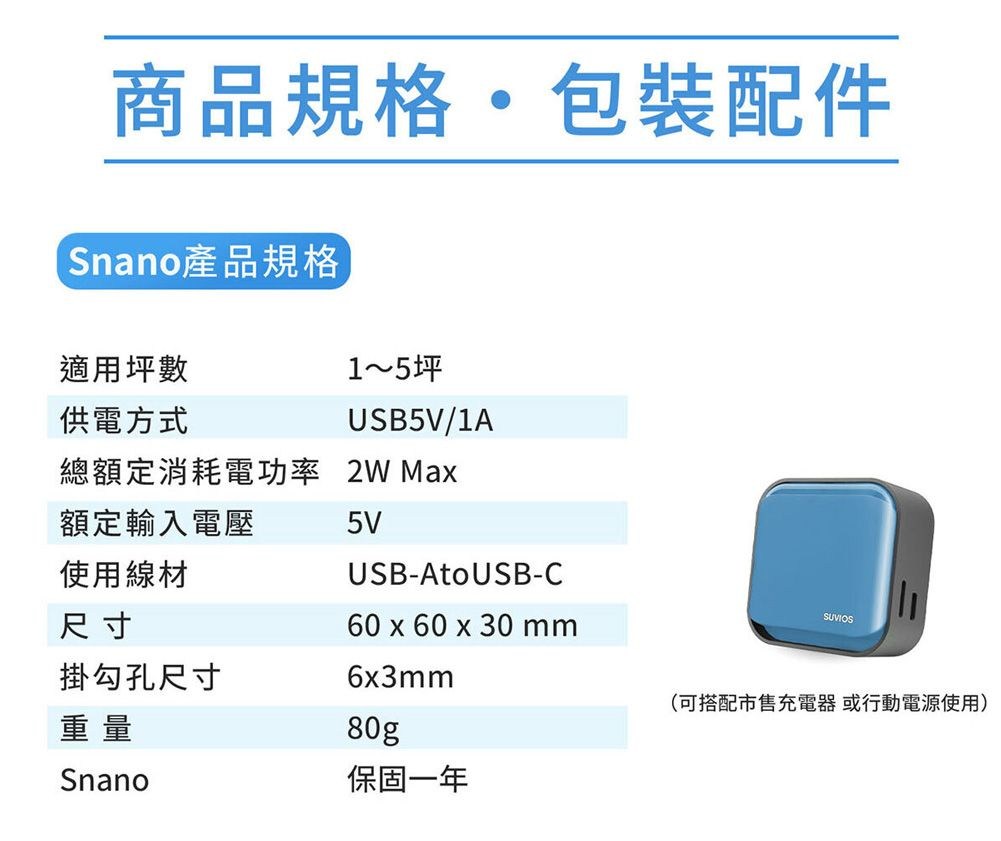 商品規格包裝配件Snano產品規格適用坪數1~5坪供電方式USB5V/1A總額定消耗電功率 2W Max額定輸入電壓5V使用線材USB-AtoUSB-CSUVIOS尺寸60 x 60 x 30 mm掛勾孔尺寸6x3mm(可搭配市售充電器或行動電源使用)重量Snano80g保固一年