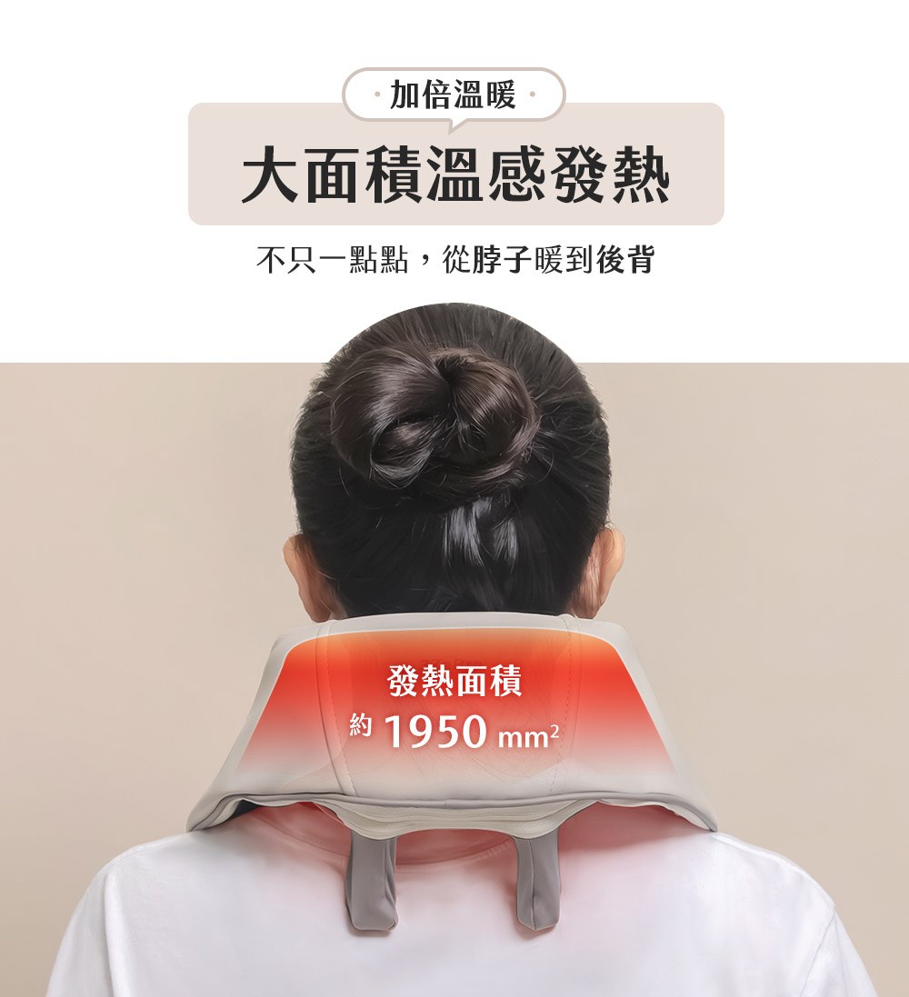 加倍溫暖。 大面積溫感發熱 不只一點點,從脖子暖到後背 發熱面積 約 1950 mm 
