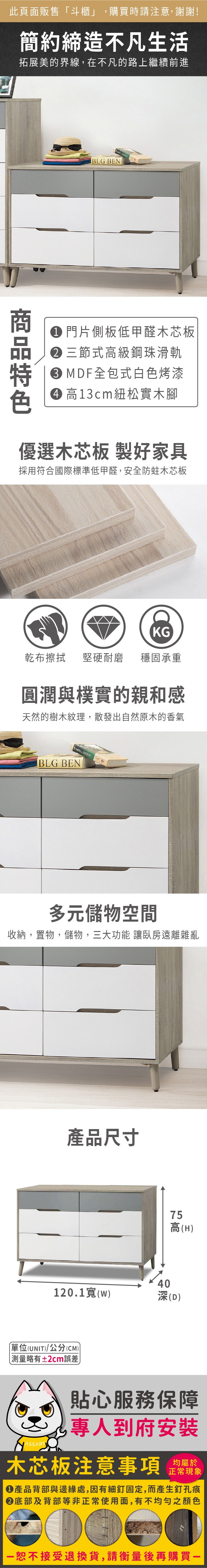 此頁面販售「斗櫃」,購買時請注意,謝謝!簡約締造不凡生活拓展美的界線,在不凡的路上繼續前進BLG BEN 門片側板低甲醛木芯板三節式高級鋼珠滑軌 MDF全包式白色烤漆 高13cm紐松實木腳優選木芯板 製好家具採用符合國際標準低甲醛,安全防蛀木芯板KG乾布擦拭堅硬耐磨 穩固承重圓潤與樸實的親和感天然的樹木紋理,散發出自然原木的香氣BLG BEN 多元儲物空間收納,置物,儲物,三大功能 讓臥房遠離雜亂產品尺寸4075高(H)120.1(w)深(D)單位(UNIT)/公分(CM) 測量略有±2cm誤差貼心服務保障專人到府安裝木芯板注意事項正常現象產品背部與邊緣處,因有細釘固定,而產生釘孔痕底部及背部等非正常使用面,有不均勻之顏色恕不接受退換貨,請衡量後再購買一