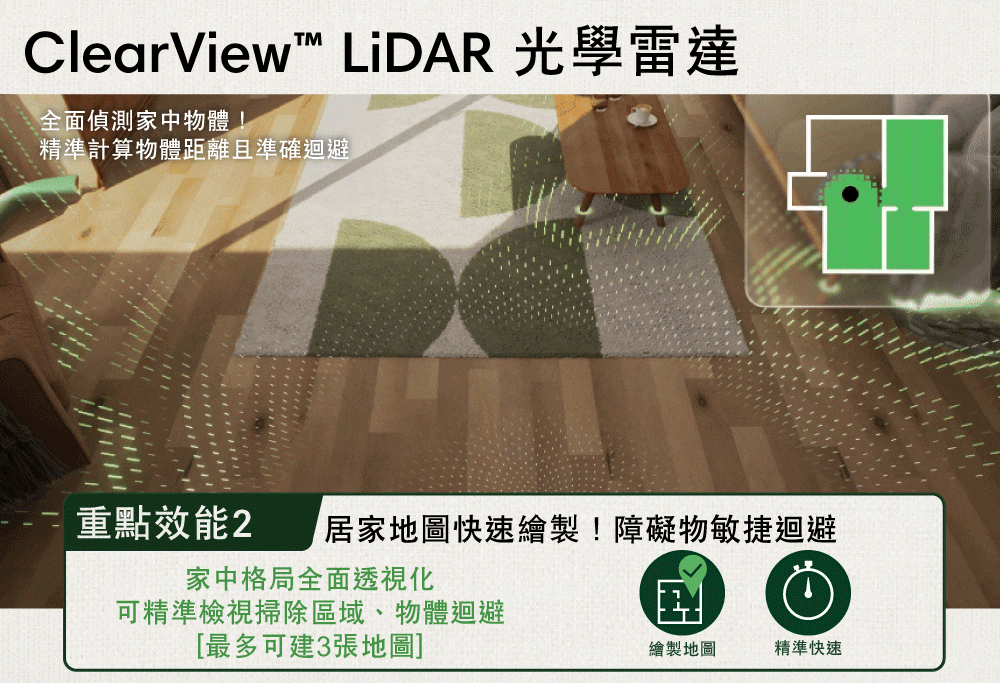 ClearView™ LiDAR 光學雷達全面偵測家中物體!精準計算物體距離且準確迴避重點效能2居家地圖快速繪製!障礙物敏捷迴避家中格局全面透視化可精準檢視掃除區域、物體迴避最多可建3張地圖]繪製地圖精準快速