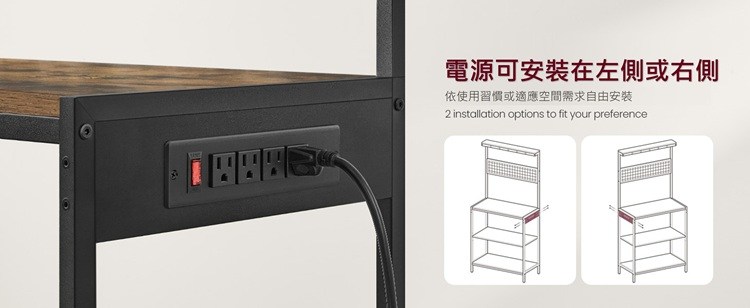 電源可安装在左側或右側,依使用習慣或適應空間需求自由安装插座