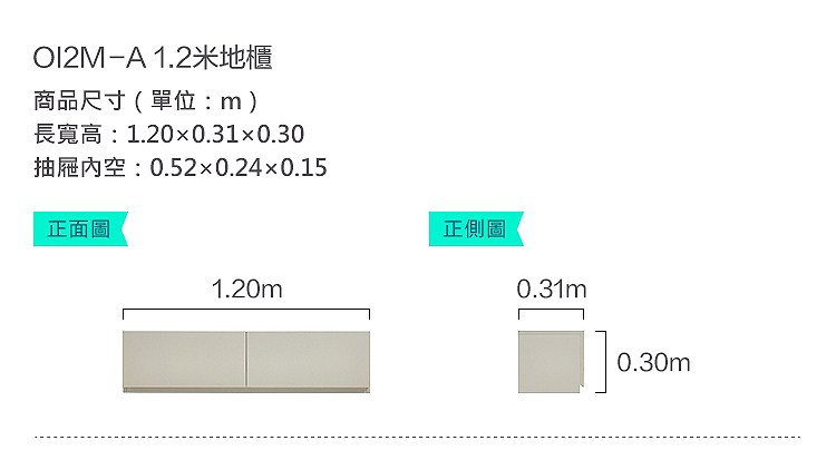 -A 1.2米地櫃商品尺寸(單位:m)長寬高:1.200.310.30抽屜空:0.520.240.15正面圖1.20m正側圖0.31m0.30m