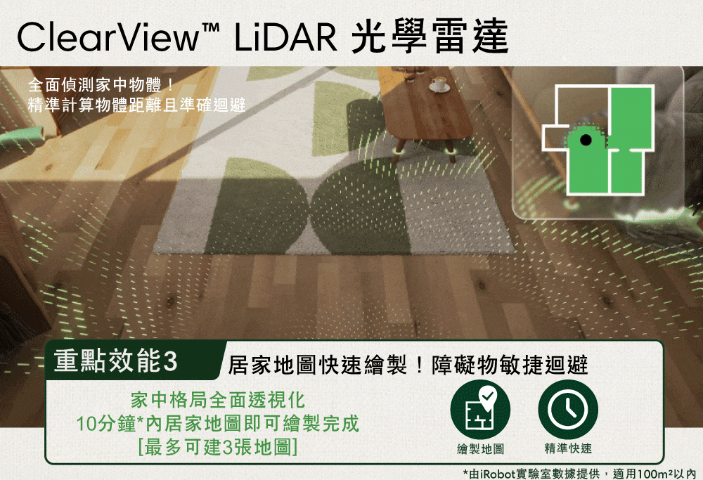 ClearView LiDAR 光學雷達全面偵測家中物體!精準計算物體距離且準確迴避=重點效能3居家地圖快速繪製!障礙物敏捷迴避家中格局全面透視化10分鐘*內居家地圖即可繪製完成最多可建3張地圖]繪製地圖精準快速*由iRobot實驗室數據提供,適用100m2