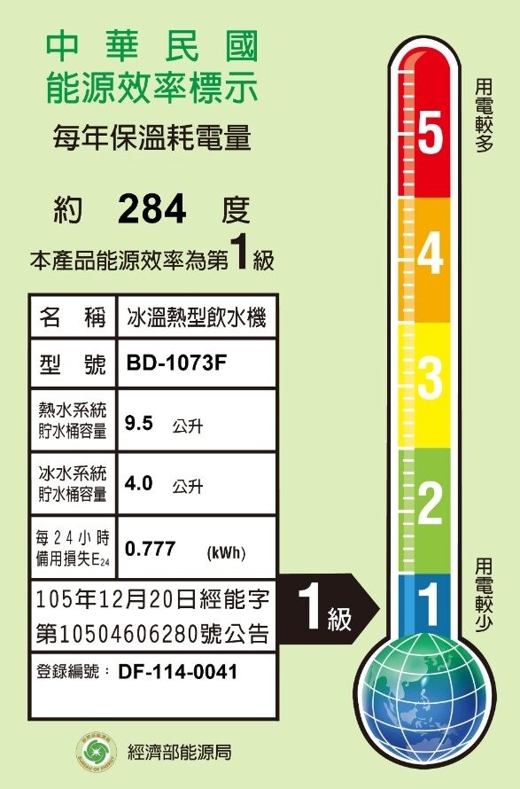 BD-1073F 三溫落地型飲水機-全面煮沸-按壓式龍頭 3 BD-1073F能效標章