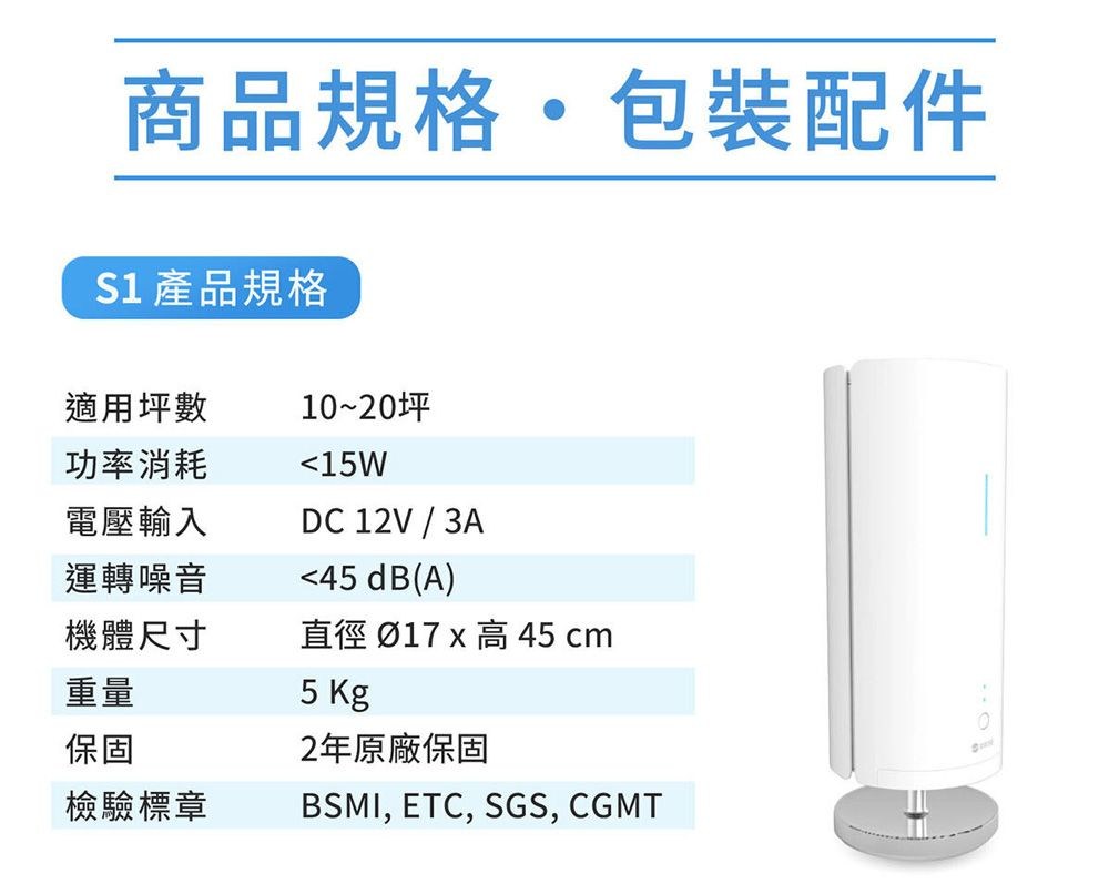 商品規格包裝配件 產品規格適用坪數功率消耗電壓輸入10~20坪15WDC 12V / 3A運轉噪音45 dB(A)機體尺寸直徑 Ø17  高45 cm重量保固檢驗標章5 Kg2年原廠保固BSMI, ETC, SGS, CGMT