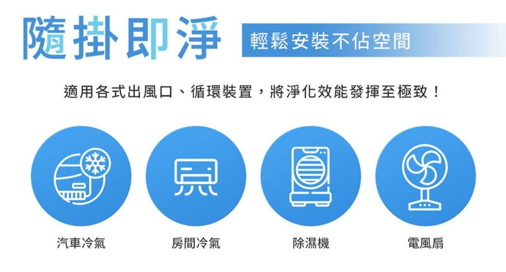 隨掛即淨輕鬆安裝不佔空間適用各式出風口、循環裝置,將淨化效能發揮至極致!貝汽車冷氣房間冷氣除濕機電風扇