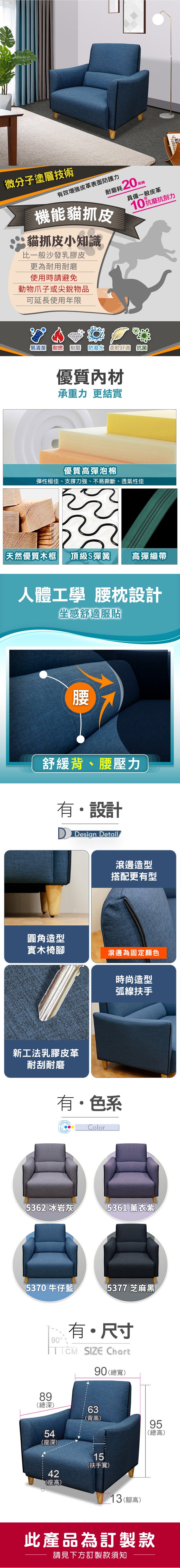 微分子塗層技術效皮革表面防護力耐磨耗20機能貓抓皮貓抓皮小知識比一般沙發乳膠皮更為耐用耐磨使用時請避免動物爪子或尖銳物品萬轉具備一般皮革10抗磨抗刮力可延長使用年限易清潔 耐燃 耐磨 防潑水 柔軟舒適 抗菌優質內材承重力 更結實優質高彈泡棉彈性極佳、支撐力強、不易撕斷、透氣性佳 天然優質木框頂級S彈簧高彈繃帶人體工學 腰枕設計坐感舒適服貼腰舒緩背、腰壓力有設計 Design Detail滾邊造型搭配更有型圓角造型實木椅腳滾邊為固定顏色新工法乳膠皮革耐刮耐磨時尚造型弧線扶手有色系Color5362 冰岩灰5361 薰衣紫5370牛仔藍5377 芝麻黑90有・尺寸 SIZE Chart90 (總寬)89(總深)63(背高)595(總高)(深)424座(座高)15(扶手寬)13(腳高)此產品為訂製款請見下方訂製款須知