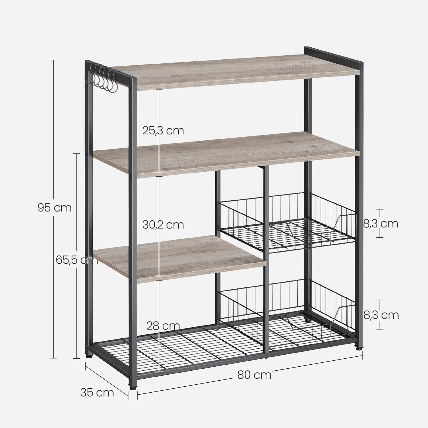 美國VASAGLE廚房層架黑色鐵架黑色網格抽屜淺灰白色層板尺寸細節