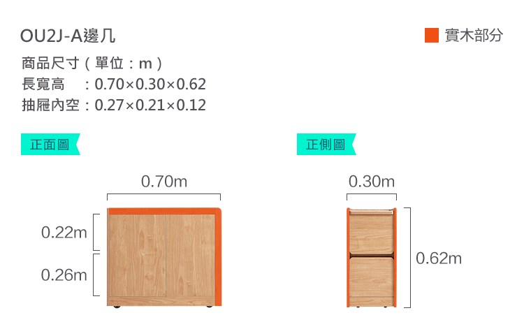 OU2J-A邊几商品尺寸(單位m)長寬高 : 0.700.300.62抽屜空:0.270.210.12正面圖0.70m0.22m0.26m正側圖0.30m實木部分0.62m