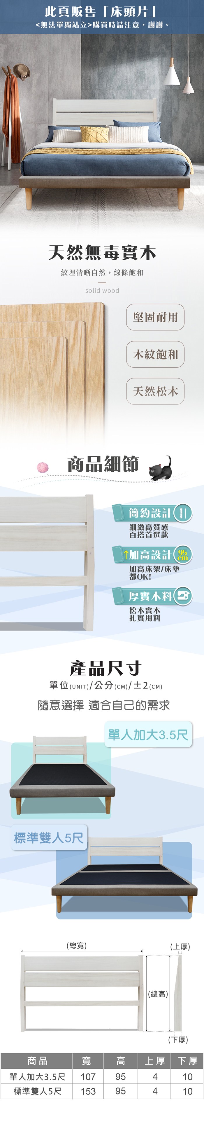 此頁販售「床頭片無法單獨站立購買時請注意,謝謝。天然無毒實木紋理清晰自然,線條飽和solid wood堅固耐用木紋飽和天然松木商品細節簡約設計細緻高質感百搭首選款加高設計cm加高床架/床墊都OK!厚實木料松木實木扎實用料產品尺寸單位(UNIT)/公分(CM)/±2(CM)隨意選擇 適合自己的需求單人加大3.5尺標準雙人5尺(總寬)(上厚)(總高)(下厚)商品寬 高 上厚 下厚單人加大3.5尺107 95標準雙人5尺153 95441010