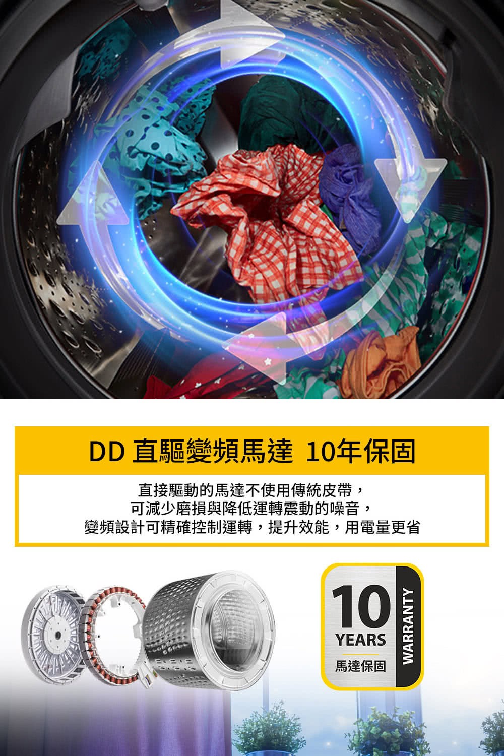 DD 直驅變頻馬達 10年保固 直接驅動的馬達不使用傳統皮帶, 可減少磨損與降低運轉震動的噪音, 變頻設計可精確控制運轉,提升效能,用電量更省 馬達保固 