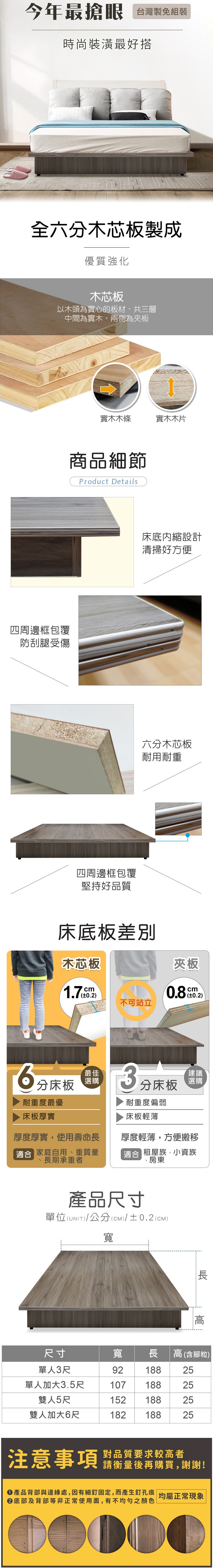 今年最搶眼 台灣製組裝時尚裝潢最好搭全六分木芯板製成優質強化木芯板以木頭為實心的板材,共三層中間為實木,兩側為夾板實木木條實木木片商品細節Product Details四周邊框包覆防刮腿受傷床底内縮設計清掃好方便四周邊框包覆堅持好品質六分木芯板耐用耐重床底板差別木芯板1.7cm0.2不可站立分床板夾板最佳選購3分床板建議選購耐重度偏弱耐重度最優床板厚實厚度厚實,使用壽命長適合 家庭自用、重質量、長期承重者床板輕薄厚度輕薄,方便搬移適合 租屋族、小資族房東產品尺寸)公分(CM)/±0.2(cm)單位(UNIT)/寬長尺寸寬長高(含腳粒) 單人3尺9218825單人加大3.5尺107 18825雙人5尺15218825雙人加大6尺18218825注意事項對品質要求較高者請衡量後再購買,謝謝!產品背部與邊緣處,因有細釘固定,而產生釘孔痕 均屬正常現象底部及背部等非正常使用面,有不均勻之顏色
