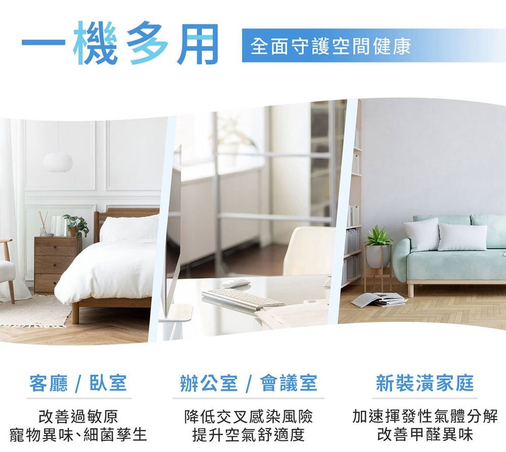 一機多用全面守護空間健康客廳/臥室改善過敏原寵物異味、細菌孳生辦公室/會議室降低交叉感染風險提升空氣舒適度新裝潢家庭加速揮發性氣體分解改善甲醛異味
